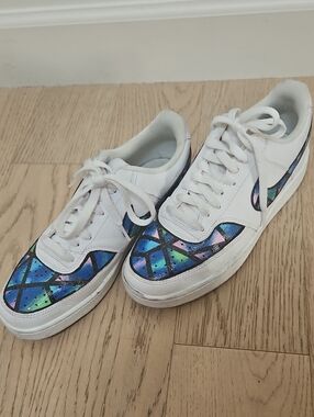 Nike Customized White Sneakers with Iridescent Blue-Purple Accents